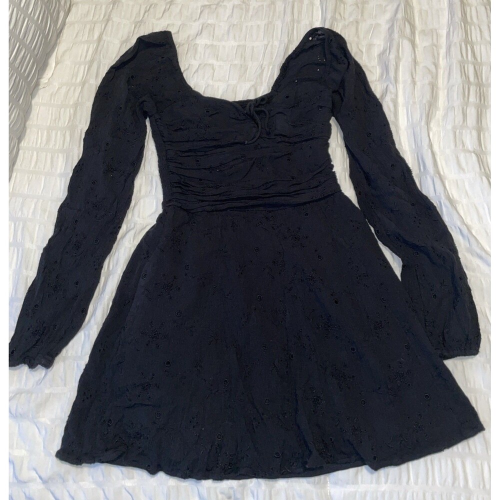 Hollister XS Black Eyelet Dress Built In Shorts Smocked Tie Front Mini Skort